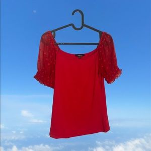Red Mesh Dot Puff Sleeve Top